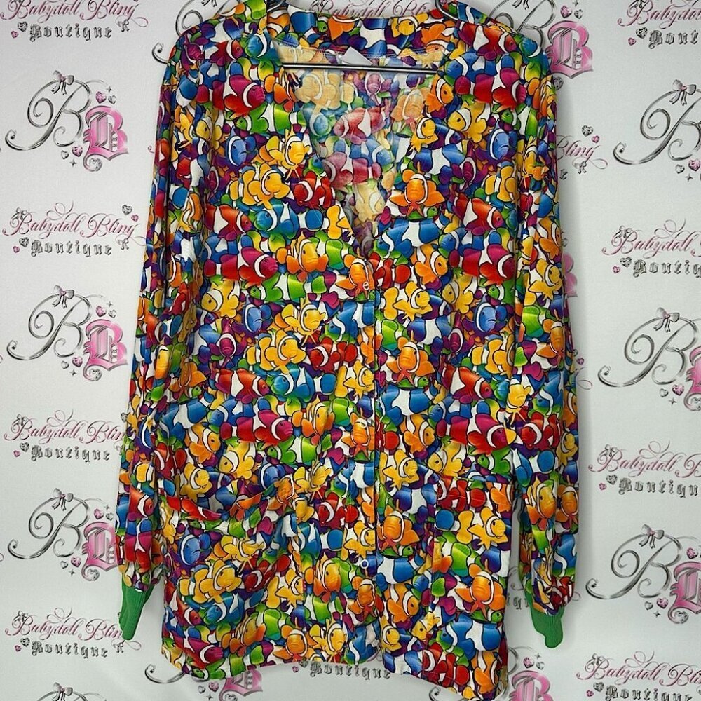 Sassy scrubs cardigan fish print button up Jacket rainbow colorful funny cute 🐠